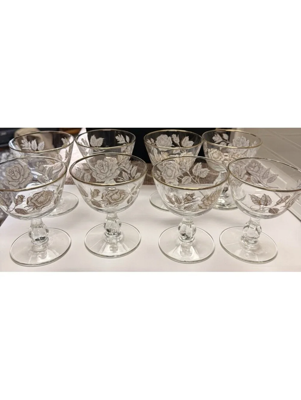 Vintage Libby Rose Set of 8 Clear Champagne Coupe Glasses Etched Gold Rim Floral